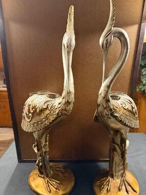 Midnight Velvet Gold-Toned Crane Vases Pair